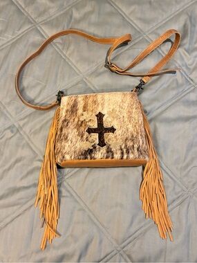 Cowhide Western Fringed Haircalf Cross Accent Crossbody Bag - Tan